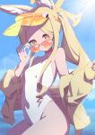  1girl absurdres animal_ear_fluff animal_ears blonde_hair blue_archive blue_sky breasts clothing_cutout cloud commentary_request covered_navel cross_halo diamond_cutout fox_ears fox_girl fox_tail halo highleg highleg_one-piece_swimsuit highres jacket long_hair official_alternate_costume official_alternate_hairstyle one-piece_swimsuit orange-tinted_eyewear orange_eyes seia_(blue_archive) seia_(swimsuit)_(blue_archive) shigeru_the_pasta side_ponytail sky small_breasts solo sunglasses swimsuit tail tinted_eyewear visor_cap white_one-piece_swimsuit yellow_halo yellow_jacket yellow_visor 