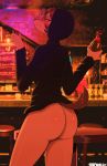  2020 anthro bar blue_eyes blush bottomless butt canid canine canis clothed clothing deadmann domestic_dog drunk drunk_bubbles female hi_res hoodie mammal misha_(colo) rear_view shot_glass solo substance_intoxication topwear 