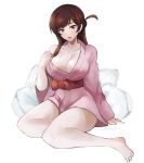  1girl absurdres ahoge bare_legs barefoot breasts brown_eyes brown_hair character_request cleavage copyright_request highres japanese_clothes kimono large_breasts long_hair looking_at_viewer open_mouth pink_kimono sash sitting solo the_kingduke 