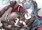  1girl azur_lane black_gloves black_leotard black_pantyhose blue_hair boots breasts card character_name clothing_cutout commentary_request couch cross cross_necklace forked_tongue frilled_thigh_strap gloves gudon_(iukhzl) half_gloves highres jewelry large_breasts leotard long_hair long_sleeves looking_at_viewer lying maid_headdress marco_polo_(azur_lane) marco_polo_(the_queen_of_hearts)_(azur_lane) necklace official_alternate_costume on_couch on_side pantyhose platform_boots playing_card red_eyes solo thigh_strap tongue underboob underboob_cutout very_long_hair 