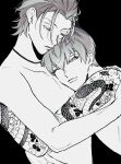  2boys arm_tattoo black_background choppy_bangs closed_eyes cloud_tattoo collarbone commentary_request dokokanome expressionless film_grain flower_tattoo from_side greyscale hair_between_eyes hair_slicked_back hand_on_another&#039;s_shoulder hand_on_another&#039;s_waist head_on_chest head_on_head head_rest highres hug hypnosis_mic irezumi jewelry looking_at_viewer loose_hair_strand male_focus monochrome multiple_boys necklace no_nipples nude nurude_sasara one_eye_closed short_hair simple_background snake_tattoo tattoo tsutsujimori_rosho unusually_open_eyes very_short_hair yaoi 