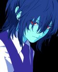  1other aegyo_sal black_background blue_hair blue_skin bob_cut closed_mouth collared_shirt colored_skin deltarune double-parted_bangs earrings eyes_visible_through_hair hair_between_eyes highres jewelry kris_(cooking_show)_(deltarune) kris_(dark_world)_(deltarune) kris_(deltarune) lantern_madoyoi looking_at_viewer necktie other_focus purple_necktie purple_vest red_eyes shirt short_hair simple_background solo upper_body utdr_(toby_fox) vest white_shirt 