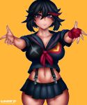  1girl absurdres alamander blue_eyes blush breasts cropped_legs fingerless_gloves gloves highres hug kamui_(kill_la_kill) kill_la_kill large_breasts matoi_ryuuko medium_hair meme multicolored_hair navel red_gloves senketsu single_glove skirt smile streaked_hair suspender_skirt suspenders thighs yellow_background yellow_sclera 