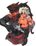  2344 2boys bare_shoulders black_gloves blonde_hair blue_eyes closed_mouth collarbone covered_navel elbow_gloves eyepatch fingernails frown gloves guilty_gear headband long_hair long_ponytail looking_at_another looking_back male_focus multiple_boys muscle off_shoulder ponytail red_eyes shiny shiny_skin simple_background sin_kiske smile sol_badguy veins white_background white_gloves yaoi 