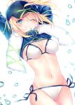  1girl ahoge arms_up artoria_pendragon_(all) baseball_cap bikini blonde_hair blue_eyes breasts bubble cleavage cowboy_shot fate/grand_order fate_(series) grin groin hair_through_headwear hat long_hair looking_at_viewer lowleg lowleg_bikini medium_breasts mysterious_heroine_xx_(foreigner) navel no_pants nogi_takayoshi one_eye_closed ponytail shrug_(clothing) side-tie_bikini simple_background smile solo stomach string_bikini swimsuit thighs towel towel_around_neck white_background white_bikini 