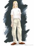  1girl blonde_hair breasts brown_eyes full_body hair_intakes highres jujutsu_kaisen medium_breasts pants red_shoes sakananomiyako shirt shirt_tucked_in shoes short_sleeves smile sneakers solo standing tsukumo_yuki_(jujutsu_kaisen) white_pants white_shirt 