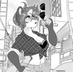  ahoge anthro bottomwear bra breasts city claws cleavage clothed clothing cloud cougar detailed_background ear_piercing ear_ring eyewear felid feline female hair hand_on_hip hi_res holding_glasses japanese_text looking_up mammal markings midriff monochrome naomi_(theredghost) navel north_american_cougar open_mouth outside pants pawpads piercing plaid_shirt screentone shirt short_hair signature solo standing sunglasses teeth text theredghost topwear underwear 