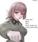  1girl alternate_costume artist_name breasts brown_hair english_text fate/grand_order fate_(series) florence_nightingale_(fate) gloves highres koalakanru lapels large_breasts military_uniform nazi red_eyes short_hair solo ss_insignia talking waffen-ss white_background white_gloves 