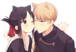  1boy 1girl animal_ears bangs black_hair black_jacket blonde_hair blue_eyes blush cat_ears cheek-to-cheek closed_mouth collarbone commentary_request eye_contact eyebrows_visible_through_hair folded_ponytail hair_ribbon heart jacket juugonichi_(wheeliex2) kaguya-sama_wa_kokurasetai_~tensai-tachi_no_renai_zunousen~ looking_at_another looking_to_the_side one_eye_closed parted_bangs paw_print_background red_eyes red_ribbon ribbon shinomiya_kaguya shirogane_miyuki short_hair signature 