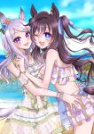  2girls animal_ears bare_shoulders beach bikini blue_ribbon blue_sky blush bow breasts brown_hair casual_one-piece_swimsuit dpmgwvmgn dress dress_swimsuit ear_flower ear_ornament floral_print floral_print_bikini flower frilled_bikini frills green_bikini hair_between_eyes hair_flower hair_ornament hair_ribbon highres horse_ears horse_girl horse_tail jewelry long_hair looking_at_viewer mejiro_mcqueen_(ripple_fairlady)_(umamusume) mejiro_mcqueen_(umamusume) mole mole_under_eye multiple_girls navel necklace ocean official_alternate_costume official_alternate_hairstyle one-piece_swimsuit one_eye_closed outdoors pink_bikini print_bikini purple_bikini purple_eyes purple_hair ribbon ruffle_bikini see-through_clothes see-through_dress sky smile swimsuit tail umamusume vivlos_(eclat_d&#039;ete)_(umamusume) vivlos_(umamusume) water white_streaks 