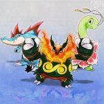  antennae black_fur blue_skin boar claws closed_mouth colored_skin crocodilian emboar fangs fangs_out feraligatr fiery_hair green_skin highres long_neck meganium no_humans orange_skin pokemon pokemon_(creature) rcortezdraws red_eyes sauropod sharp_teeth spines starter_pokemon_trio tail teeth thick_eyebrows tusks two-tone_fur v-shaped_eyes yellow_eyes 