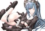  1girl azur_lane black_gloves black_pantyhose blue_hair boots breasts card clothing_cutout commentary_request cross cross_necklace forked_tongue frilled_thigh_strap gloves gudon_(iukhzl) half_gloves highres jewelry large_breasts long_hair looking_at_viewer maid_headdress marco_polo_(azur_lane) marco_polo_(the_queen_of_hearts)_(azur_lane) necklace official_alternate_costume one_eye_closed pantyhose platform_boots playing_card red_eyes simple_background solo thigh_strap tongue underboob underboob_cutout variant_set very_long_hair white_background 