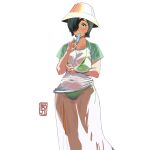  1girl arm_under_breasts ass_visible_through_thighs bikini bikini_under_clothes black_hair blush boji_norn breasts chainsaw_man cleavage contrapposto covered_navel dark-skinned_female dark_skin english_commentary eyepatch food green_bikini groin hat highres himeno_(chainsaw_man) large_breasts popsicle raglan_sleeves shirt short_hair short_sleeves simple_background solo sweat swimsuit 