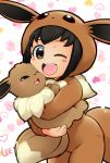  &lt;3 &lt;3_background ambiguous_gender biped black_eyes black_hair blush blush_stickers brown_body brown_eyes brown_fur canid canine carrying clothed clothing cosplay costume dipstick_tail duo eevee female feral fully_clothed fur hair heart_background hug human larger_human lee_(colt) light_skin mammal monotone_hair multicolored_body multicolored_fur multicolored_tail neck_tuft nintendo one_eye_closed open_mouth open_smile pok&eacute;_kid pok&eacute;mon pok&eacute;mon_(species) short_hair size_difference smaller_feral smile standing tan_body tan_fur tuft two_tone_body two_tone_fur video_games wink young 