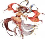  1girl ankle_bell anklet arabian_clothes armlet armpits ass ass_from_side bandaged_arm bandaged_foot bandaged_leg bandages bare_shoulders barefoot bell blue_eyes boomerang bra bracelet breasts brown_hair circlet cleavage closed_mouth collarbone dancer dancing dark_skin earrings floating_clothes full_body game_cg gold_anklet gold_armlet gold_bracelet gold_circlet gold_jewelry hair_between_eyes hair_jewelry harem_outfit harem_pants high_ponytail holding holding_boomerang holding_weapon jewelry langrisser langrisser_millenium_ws langrisser_mobile large_breasts leg_up long_hair looking_at_viewer macaera_(langrisser) navel necklace official_art pants ponytail red_bra red_nails red_shawl revealing_clothes see-through_clothes see-through_pants see-through_skirt shawl simple_background skirt smile solo standing standing_on_one_leg stomach tachi-e tassel third-party_source transparent_background underwear very_long_hair weapon wrist_bell 