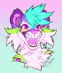  2020 citrinelle digital_media_(artwork) felid feline green_hair hair hi_res mammal open_mouth pink_nose purple_eyes teeth tongue 