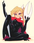  1girl :/ black_bodysuit blonde_hair blue_eyes blush bodysuit breasts cape closed_mouth commentary cosplay english_commentary extra_arms fangs full_body highres holding holding_mask hollow_knight hollow_knight:_silksong hornet_(hollow_knight) hornet_(hollow_knight)_(cosplay) looking_at_viewer mask needle_(hollow_knight) nelly_(xyronii) original red_cape skin_tight solo white_mask xyronii yellow_background 