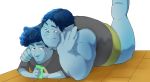  2020 barley_lightfoot blue_body bottomwear brother brothers cellphone clothing doku8yume8denpa duo elf hi_res hug humanoid ian_lightfoot lying male male/male onward overweight overweight_male phone shirt shorts sibling smartphone topwear 