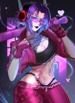  1girl abs absurdres arialla_draws baseball_bat breasts cleavage gloves highres holding holding_weapon large_breasts long_hair looking_at_viewer marvel marvel_rivals navel psylocke purple_eyes purple_hair smile solo weapon x-men 