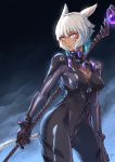  animal_ears bodysuit cleavage cosplay final_fantasy final_fantasy_xiv haimerejzero neon_genesis_evangelion tail weapon y&#039;shtola 