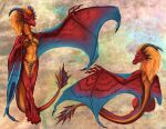 anthro belly blonde_hair blue_eyes bottomwear breasts caribou_(artist) claws clothing digital_media_(artwork) dragon european_mythology eztli_(user_55) feet female fin front_view hair horn loincloth medium_breasts membrane_(anatomy) model_sheet mythological_creature mythological_scalie mythology non-mammal_breasts raised_arm rear_view red_body scalie simple_background smile solo standing tail tail_fin western_dragon winged_arms wings wyvern yellow_belly
