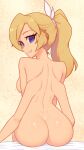  1girl absurdres ass blonde_hair blue_eyes breasts closed_mouth commentary completely_nude english_commentary extra_arms fang from_behind highres looking_at_viewer looking_back nelly_(xyronii) nude original ponytail sitting solo xyronii yellow_background 