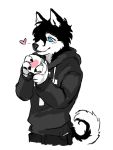  &lt;3 3:4 anthro black_body black_claws black_fur black_hair black_nose blue_eyes bottomwear canid canine canis claws closetcanibal clothing cup curled_tail domestic_dog fur hair hair_over_eyes holding_cup holding_object hoodie husky looking_down male mammal multicolored_body multicolored_fur nordic_sled_dog pants short_hair simple_background solo spitz standing topwear two_tone_body two_tone_fur white_background white_body white_fur 