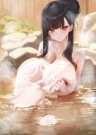  1girl black_hair blue_archive blush breasts bright_pupils closed_mouth collarbone highres huge_breasts long_hair looking_at_viewer nude onsen partially_submerged rio_(blue_archive) sidelocks sitting solo steam towel water white_pupils xiujia_yihuizi 