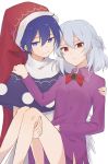  2girls :3 absurdres bare_legs blue_eyes blue_hair breasts bright_pupils capelet closed_mouth commentary_request doremy_sweet dress feet_out_of_frame hand_on_another&#039;s_shoulder hat highres idaku kishin_sagume long_sleeves multiple_girls nightcap no_jacket pom_pom_(clothes) purple_dress red_eyes red_headwear short_hair silver_hair simple_background small_breasts touhou upper_body white_background yuri 