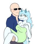 2025 2_horns 4:5 5_fingers abelisaurid anthro arsenic_iii bald bare_shoulders blue_body blue_clothing blue_hair blue_jacket blue_scales blue_topwear blush blush_lines breasts bridal_carry carnotaurus carrying_another carrying_partner cavemanon_studios cleavage clothed clothing digital_drawing_(artwork) digital_media_(artwork) dinosaur dress duo eyelashes eyewear female fingers grace_(iwhtg) green_clothing green_dress hair hi_res horn human human_on_anthro i_wani_hug_that_gator inco_(iwhtg) interspecies jacket light-skinned_male light_body light_skin long_hair long_tail male male/female mammal prehistoric_species reptile saurischian scales scalie simple_background smile snout spiked_tail spikes spikes_(anatomy) strapless_clothing strapless_dress sunglasses tail theropod topwear white_background yellow_eyes