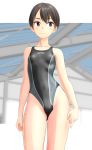  1girl absurdres black_hair breasts brown_eyes clothes_writing competition_swimsuit contrapposto cowboy_shot grey_swimsuit highres looking_to_the_side one-piece_swimsuit original short_hair small_breasts smile solo standing swimsuit takafumi two-tone_swimsuit 