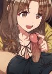  1boy 1girl bangs breasts brown_eyes brown_hair censored cleavage erection erere eyebrows_visible_through_hair hetero ichikawa_hinana idolmaster idolmaster_shiny_colors long_hair long_sleeves mosaic_censoring open_mouth penis solo_focus 