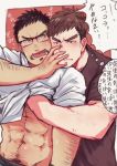  2boys abs arm_hair bara black_hair blush body_hair brown_hair brown_shirt chest_hair couple facial_hair gekiyasu_0621 glasses grabbing groping hairy hand_on_another&#039;s_face hand_under_clothes male_focus multiple_boys muscle navel navel_hair open_mouth original pectoral_grab shirt short_hair sideburns stubble undercut upper_body white_shirt yaoi 