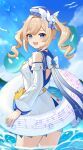 1girl absurdres barbara_(genshin_impact) barbara_(summertime_sparkle)_(genshin_impact) beret blonde_hair blue_eyes blue_nails blush breasts detached_sleeves genshin_impact hat highres hydro_slime_(genshin_impact) hydro_symbol_(genshin_impact) innertube long_sleeves looking_at_viewer looking_back medium_breasts musical_note musical_staff musical_staff_print official_alternate_costume official_alternate_hairstyle one-piece_swimsuit open_mouth sky sleeveless slime_(genshin_impact) smile sorairomatsuge swim_ring swimsuit twintails vision_(genshin_impact) wavy_hair white_one-piece_swimsuit 