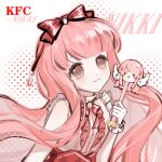  1girl :3 alternate_color bare_shoulders bbsd33 bead_bracelet beads blunt_bangs bow bowtie bracelet brooch brown_eyes center_frills closed_mouth collared_shirt colored_inner_hair copyright_name dot_nose eyelashes floral_memory_(infinity_nikki) food frilled_shirt frilled_wrist_cuffs frills gloves hair_bow hair_ornament halftone halftone_background happy high-waist_skirt highres holding holding_stylus infinity_nikki jewelry kfc light_blush long_hair long_sidelocks merchandise multicolored_hair nikki_(nikki) nikki_(series) pink_hair red_bow red_bowtie red_skirt shirt sidelocks skirt sleeveless sleeveless_shirt smile solo striped_bow striped_clothes striped_shirt stylus tareme upper_body vertical-striped_clothes vertical-striped_shirt very_long_hair wavy_hair white_background white_gloves white_shirt white_wrist_cuffs wrist_bow wrist_cuffs 