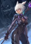  animal_ears bodysuit cleavage cosplay final_fantasy final_fantasy_xiv haimerejzero megane neon_genesis_evangelion tail weapon y&#039;shtola 