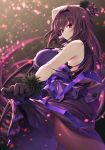  1girl alternate_costume breasts dancing dress emanon123 english_commentary fate/grand_order fate_(series) fur_trim gloves hair_intakes highres jewelry large_breasts long_hair pantyhose pendant purple_dress purple_hair red_eyes scathach_(fate)_(all) scathach_(fate/grand_order) solo very_long_hair 