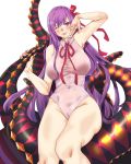  1girl bangs bare_shoulders bb_(fate)_(all) bb_(swimsuit_mooncancer)_(fate) blush breasts fate/grand_order fate_(series) hair_ribbon highleg highleg_leotard highres large_breasts leotard long_hair looking_at_viewer neck_ribbon one_eye_closed purple_eyes purple_hair red_ribbon ribbon simple_background smile tan tentacles thighs tongue tongue_out umejima very_long_hair white_background white_leotard 