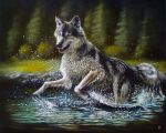  5:4 ambiguous_gender canid canine canis dimwolf feral forest fur grey_body grey_fur mammal oil_painting_(artwork) painting_(artwork) realistic solo traditional_media_(artwork) tree water wet wolf 