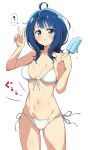  1girl :o ;) absurdres ahoge bare_shoulders bikini blue_eyes blue_hair blush breasts breasts_apart cowboy_shot eggman_(ni_tamagoex) food halterneck highres holding holding_food holding_popsicle hungry make_heroine_ga_oo_sugiru! medium_breasts medium_hair navel one_eye_closed popsicle side-tie_bikini_bottom simple_background smile solo speech_bubble stomach stomach_growling string_bikini sweat swimsuit thighs translated v white_background white_bikini yanami_anna 