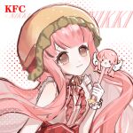  1girl :3 alternate_color bare_shoulders bbsd33 bead_bracelet beads blunt_bangs bow bracelet brown_eyes brown_ribbon burger center_frills closed_mouth collared_shirt colored_inner_hair copyright_name dot_nose eyelashes floral_memory_(infinity_nikki) food food-themed_hat frilled_shirt frilled_wrist_cuffs frills gloves halftone halftone_background happy high-waist_skirt highres holding holding_stylus infinity_nikki jewelry kfc light_blush long_hair long_sidelocks merchandise multicolored_hair neck_ribbon nikki_(nikki) nikki_(series) pink_hair red_bow red_skirt ribbon shirt sidelocks skirt sleeveless sleeveless_shirt smile solo striped_clothes striped_shirt stylus tareme upper_body vertical-striped_clothes vertical-striped_shirt very_long_hair wavy_hair white_background white_gloves white_shirt white_wrist_cuffs wrist_bow wrist_cuffs 