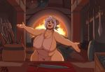  anthro apron apron_only axe big_breasts breasts chest_tuft clothing curvy_figure female fire hi_res huge_breasts mammal meganemausu melee_weapon miris_ursajor mostly_nude nipple_slip solo sword thick_thighs tuft ursid voluptuous weapon wide_hips 