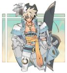  1boy 2344 belt black_headwear blonde_hair blue_eyes cross cross_necklace eyepatch feathers flag frills gloves guilty_gear hair_between_eyes hand_on_hip hat hat_feather holding holding_flag jewelry male_focus necklace pectorals pirate pirate_hat sin_kiske smile solo spiked_hair white_gloves 