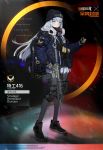  1girl acog agent_416_(girls_frontline) alternate_costume assault_rifle backpack bag crossover english_text explosive gas_mask girls_frontline green_eyes grenade gun h&amp;k_hk416 hk416_(girls_frontline) mask_around_neck new_york_city_police_department official_alternate_costume official_art pantyhose police police_uniform policewoman rifle rope shoes silver_hair skirt sneakers solo tom_clancy&#039;s_the_division trigger_discipline uniform weapon woollen_cap 