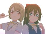  2girls asymmetrical_hair bangs beige_cardigan blue_eyes blush bob_cut bow breasts brown_hair cardigan crescent crescent_hair_ornament facing_viewer grey_hair hair_between_eyes hair_bow hair_ornament hairclip half_updo long_hair love_live! love_live!_nijigasaki_high_school_idol_club multiple_girls nakasu_kasumi nijigasaki_academy_uniform ousaka_shizuku pointing pointing_at_self ponytail red_bow red_eyes ribbon shadow short_hair sidelocks simple_background small_breasts smile summer_uniform un403lucky yellow_ribbon 