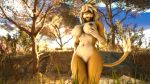  16:9 3d_(artwork) anthro barely_visible_genitalia barely_visible_pussy blonde_hair breasts digital_media_(artwork) felid feline female fur genitals gloves_(marking) grass hair hand_on_breast hi_res kalyxo lion looking_at_viewer mammal markings multicolored_body multicolored_fur nipples nude pantherine pussy savanna solo source_filmmaker tree two_tone_body two_tone_fur widescreen 