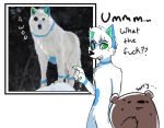  anthro awoo black_body black_claws black_fur black_nose blue_body blue_eyes blue_fur bodily_fluids brown_body brown_fur canid canine canis claws closetcanibal dialogue duo english_text featureless_chest featureless_crotch feral fur gesture green_body green_eyes green_fur green_pawpads hair heterochromia looking_at_another male mammal markings multicolored_body multicolored_fur nude open_mouth outside pawpads pointing real short_hair simple_background snow standing sweat sweatdrop teeth text tree ty_(tyminster5) ursid whatebber_(character) white_background white_body white_fur white_hair wolf 