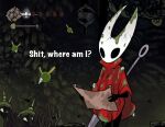  1girl arthropod_girl cloak dirty english_text game_screenshot_background highres hollow_knight hollow_knight:_silksong hornet_(hollow_knight) maggot map mask needle_(hollow_knight) needle_sword red_cloak screenshot_background solo spacemaxmarine 