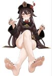  1girl black_hat black_nails blush brown_hair chinese_clothes coattails crossed_legs feet flower flower-shaped_pupils genshin_impact ghost_pose hair_between_eyes hat hat_flower hat_tassel highres hu_tao_(genshin_impact) jewelry long_hair looking_at_viewer no_shoes no_socks plum_blossoms porkpie_hat red_eyes ring sitting smile soles solo symbol-shaped_pupils tailcoat teeth tft_(tft7822) thighs toes twintails white_background 