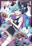  &gt;_&lt; 1girl :3 akikan_sabako aqua_eyes aqua_hair basket black_hat black_pantyhose bow candy commentary_request dress food frilled_thigh_strap ghost hair_ornament hairclip halloween_bucket hat hatsune_miku headset highres holding holding_basket holding_candy holding_food holding_lollipop lollipop long_hair looking_at_viewer open_mouth pantyhose single_leg_pantyhose single_thighhigh solo thigh_strap thighhighs tongue twintails very_long_hair vocaloid white_bow white_thighhighs witch_hat wrapped_candy 